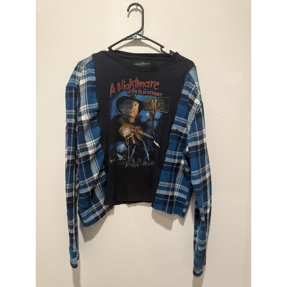 Upcycle Grunge Oversize Crop Halloween Nightmare on Elm Street Flannel Top M/L - Picture 1 of 4